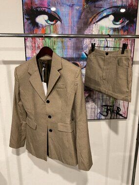 Helsa Cafe Plaid Blazer Mini Skirt Set Brown Houndstooth Tailored Suit M